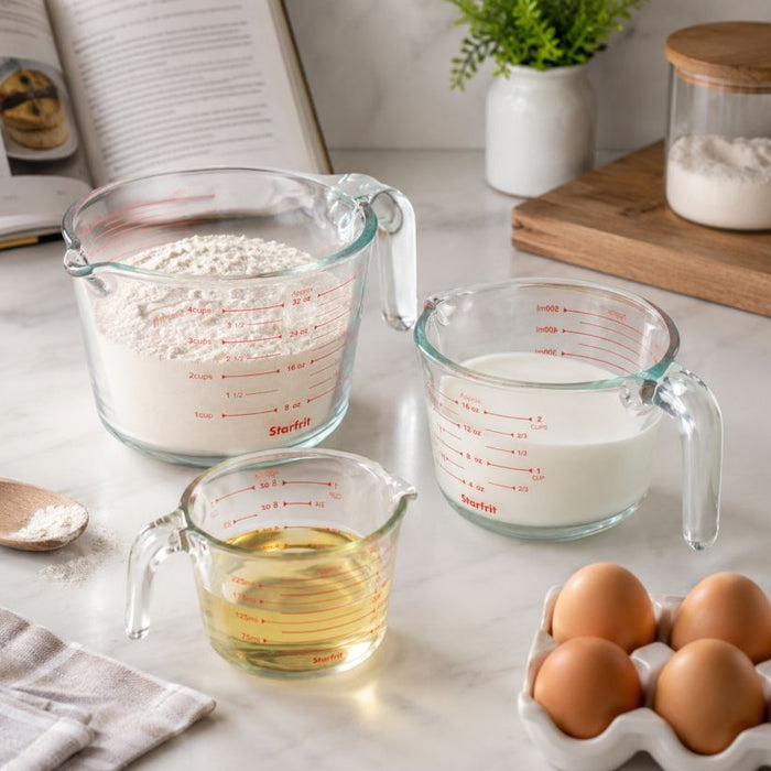 ENS. (3) TASSES À MESURER EN VERRE STARFRIT